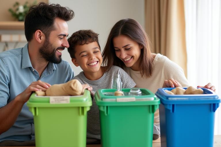 A family happily segregating waste into smart recycling bins